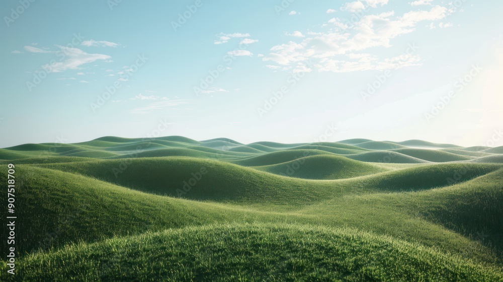 Fototapeta premium Rolling green hills under a clear blue sky.