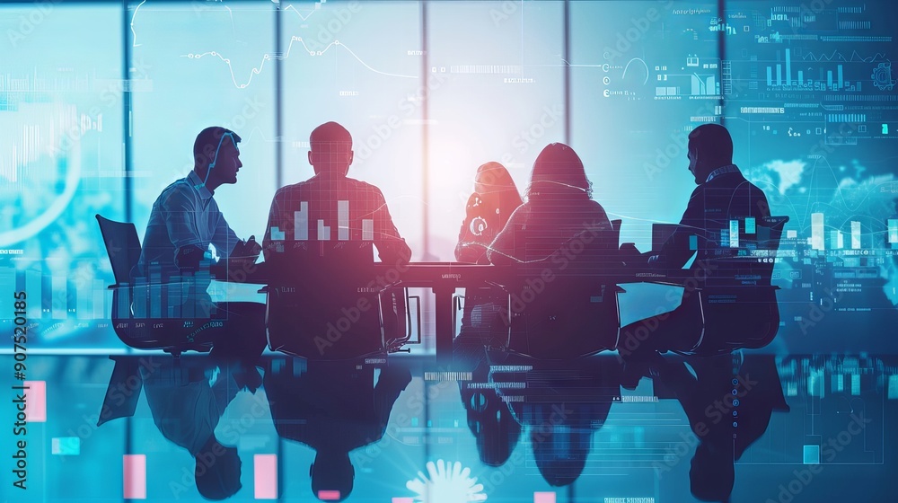 Corporate team strategizing in a collaborative meeting with digital technology tools for advanced marketing data analysis and informed investment decision-making in a modern business environment