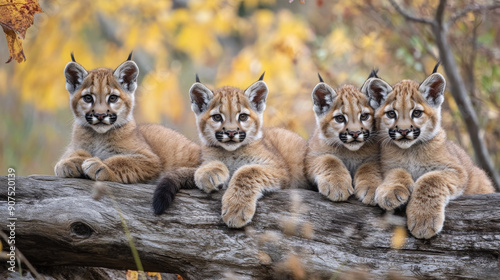Young mountain lions rest together on a log in the fall.