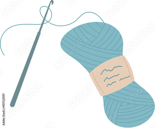 Crochet yarn ball and needle logo, flat dressmaking accessories illustration, vector knitting decoration object, cartoon crochet supplies element, doodle fashion tool design,
