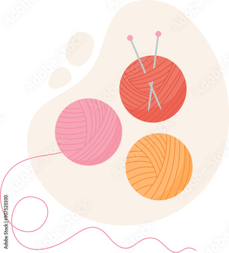 Knit yarn ball and needle icon, cartoon fashion accessories illustration, hand drawn knitting decoration object, vector crochet craft supplies design, doodle dressmaking tool element,