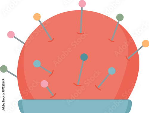 Sewing pin cushion, flat sewing craft accessories element, vector tailor supplies design, cartoon embroidery decoration illustration, hand drawn dressmaking tool object,