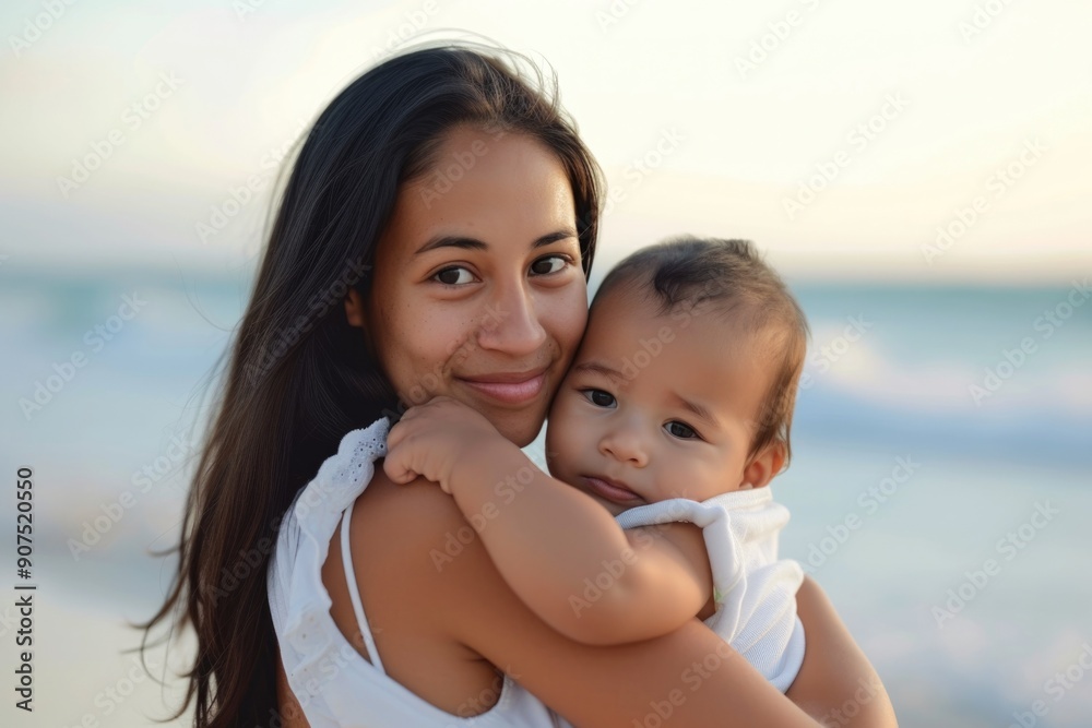 Young mother embracing her baby on the beach at dusk Young mother embracing her baby on the beach at dusk
