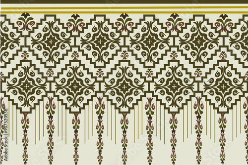 pSeamless fabric pattern. Brown and light brown damask floral pattern on cream background. Multicolored divider. Illustration. Vector.attern