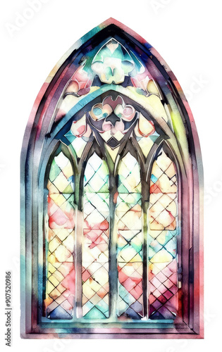Stained Glass - Colorful Watercolor Stained Glass - Gothic Architecture from Cathedral or Church - Decorative Transparent Medieval Windows