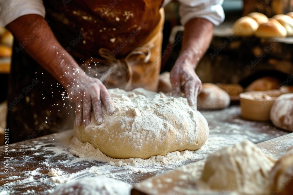 Artisan Baker Kneading Dough in Rustic Bakery Artisan Baker Kneading Dough in Rustic Bakery