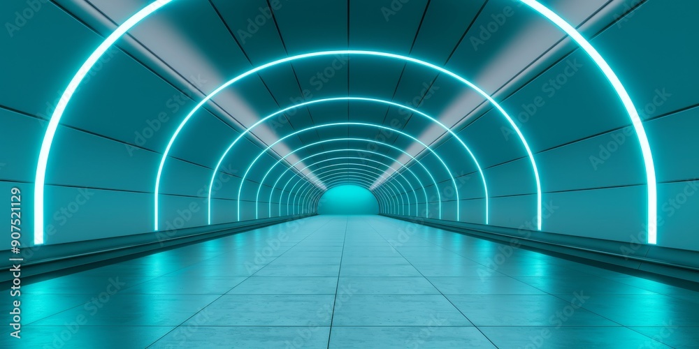 Naklejka premium futuristic blue neon lights tunnel corridor interior design abstract background.