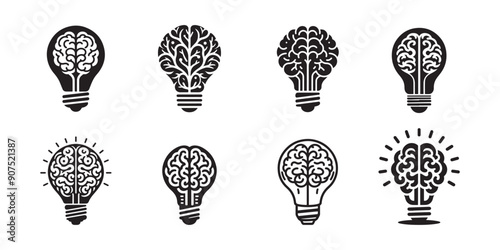 Idea logo icon, Light bulb brain icon, idea flat icon, Creative thinking, Light bulb with brain, silhouette