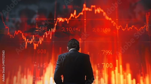 Businessman analyzing stock market trends with a dramatic red graphic, symbolizing volatility and opportunity in finance.