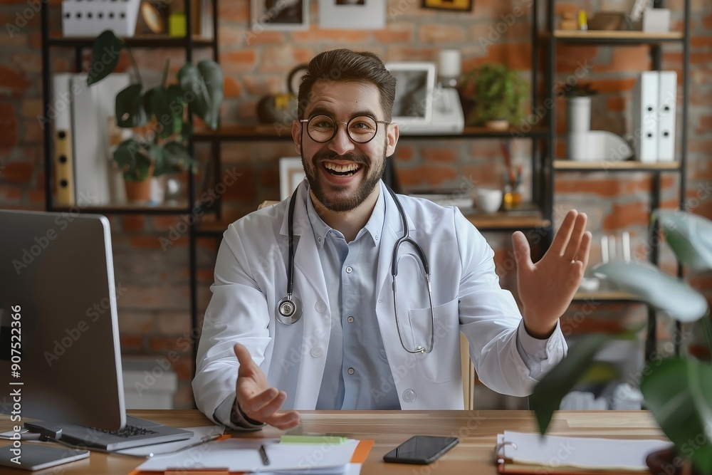 Cheerful male doctor counseling patient, gesturing and giving treatment recommendation sitting at office desk during online consultation, video call webcam, Generative AI Cheerful male doctor counseling patient, gesturing and giving treatment recommendation sitting at office desk during online consultation, video call webcam, Generative AI