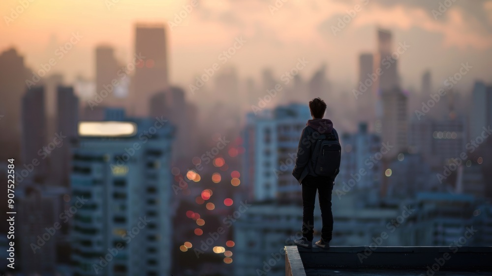 Man standing on rooftop looking at city skyline. Man standing on rooftop looking at city skyline.