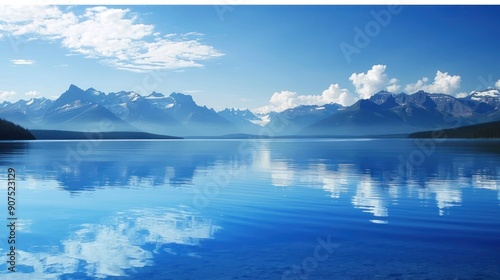 Mountain lake reflection with blue skies.