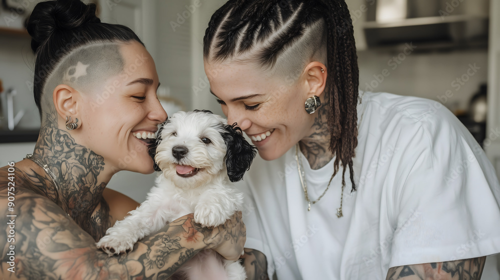 Tattooed couple smiling and holding an adorable black and white puppy, sharing a loving and joyful moment together at home. Tattooed couple smiling and holding an adorable black and white puppy, sharing a loving and joyful moment together at home.