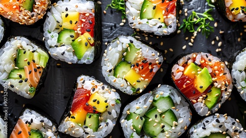 Vegetarian Sushi Rolls Colorful vegetarian sushi rolls with avocado, cucumber, and pickled ginger, perfect for sushi enthusiasts and Japanese cuisinethemed designs photo