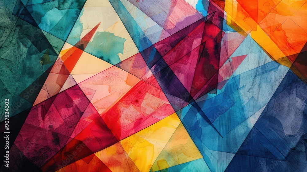 Abstract patterns of geometric shapes overlay a vibrant watercolor base Abstract patterns of geometric shapes overlay a vibrant watercolor base