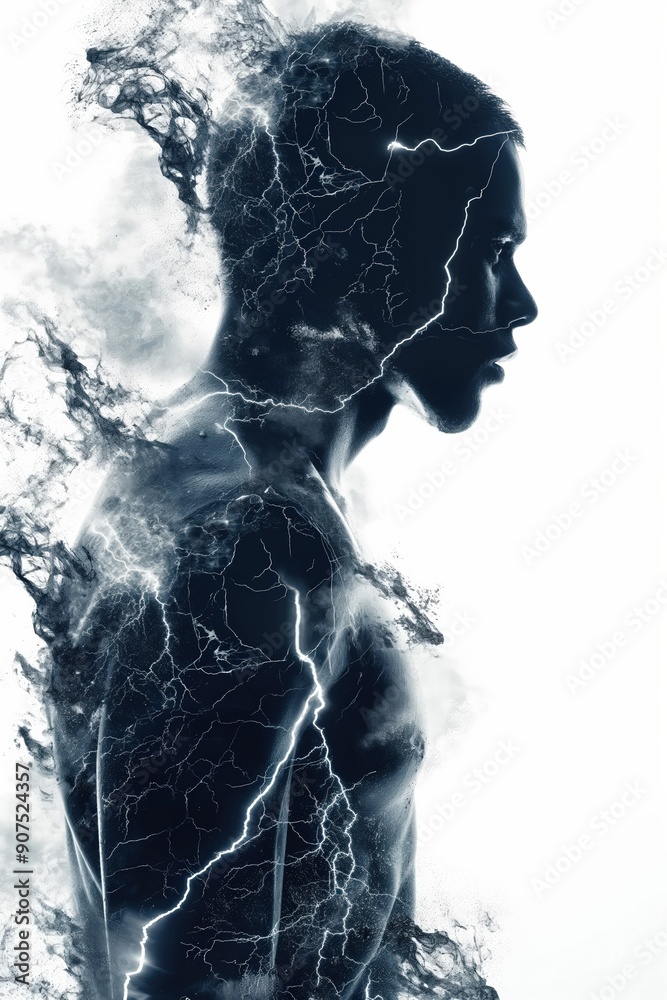 Athlete experiencing intense energy flow with lightning and smoke Athlete experiencing intense energy flow with lightning and smoke
