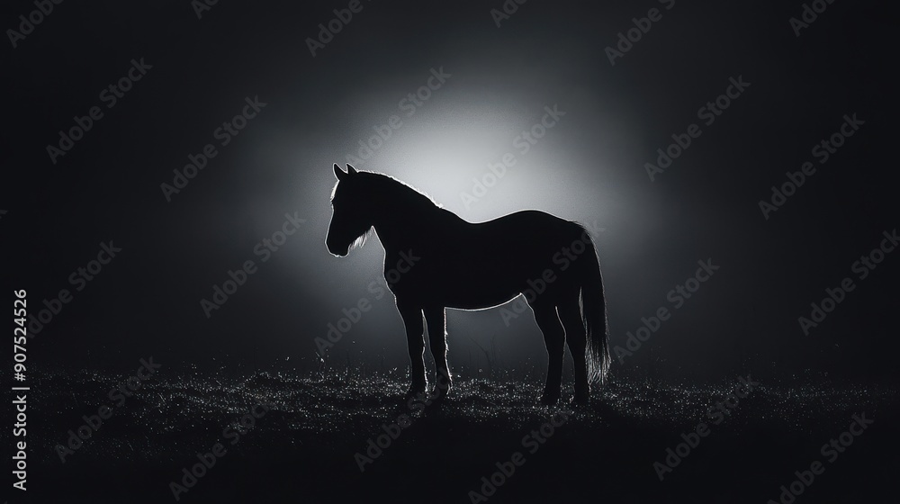 Fototapeta premium A black horse silhouette at sunset, a majestic animal in a fiery sky 5