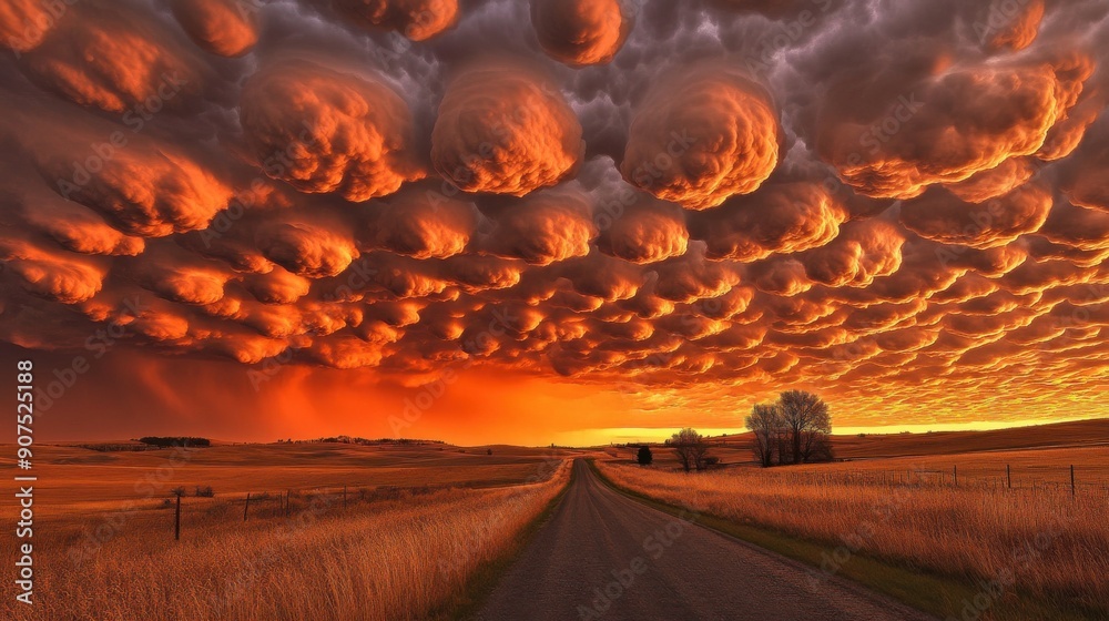 Fototapeta premium A dramatic sunset sky with a vibrant, textured cloud formation over a rural road.
