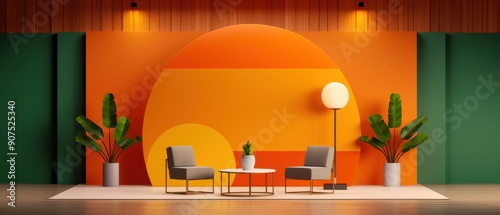 Modern Living Room with Bright Orange and Green Accent Wall