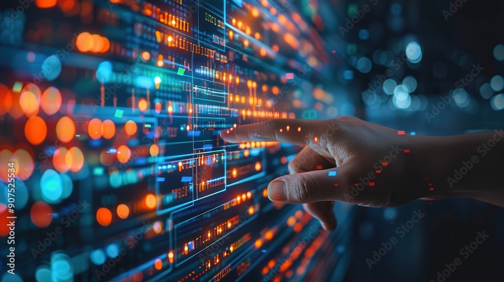 A hand interacts with a digital interface, a glowing wall of data and information. A concept for technology, innovation, and the future. A hand interacts with a digital interface, a glowing wall of data and information. A concept for technology, innovation, and the future.