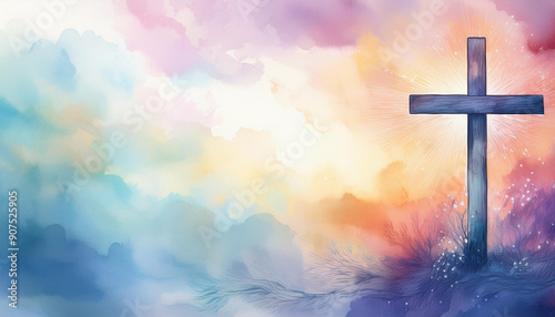 Abstract religion watercolor with Christian cross silhouette, faith and spirituality. Religious