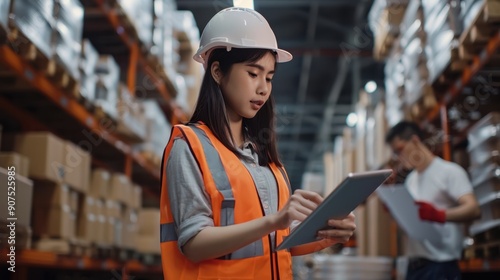 The warehouse worker with tablet. photo