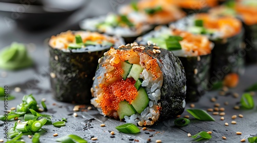 Vegetarian Sushi Rolls Colorful vegetarian sushi rolls with avocado, cucumber, and pickled ginger, perfect for sushi enthusiasts and Japanese cuisinethemed designs photo