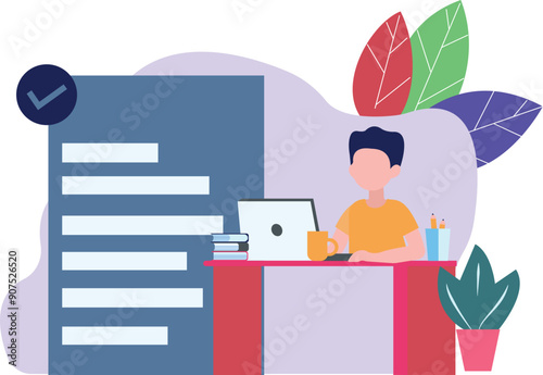 The boy is reading at the table.