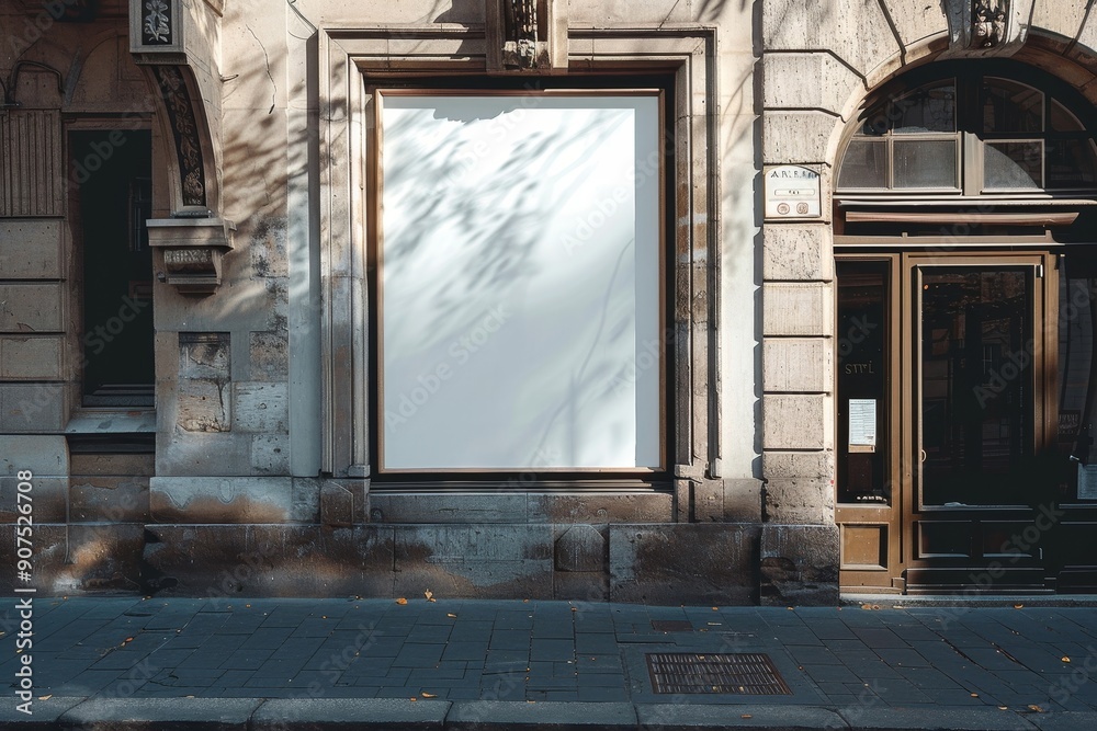 Fototapeta premium Mockup blank square banner on the street, building facade, Generative AI