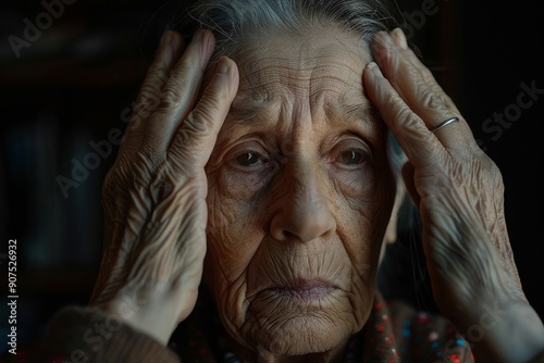 Sad elderly woman touching temples, feeling unwell, high blood pressure, mental disorder or dementia, Generative AI