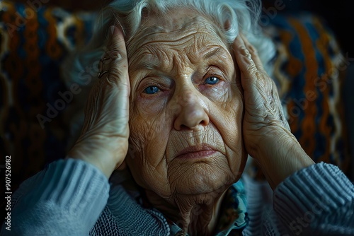 Sad elderly woman touching temples, feeling unwell, high blood pressure, mental disorder or dementia, Generative AI