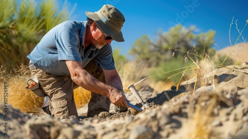 An archaeologist excavates ancient artifacts buried beneath desert dunes, uncovering clues to past civilizations.