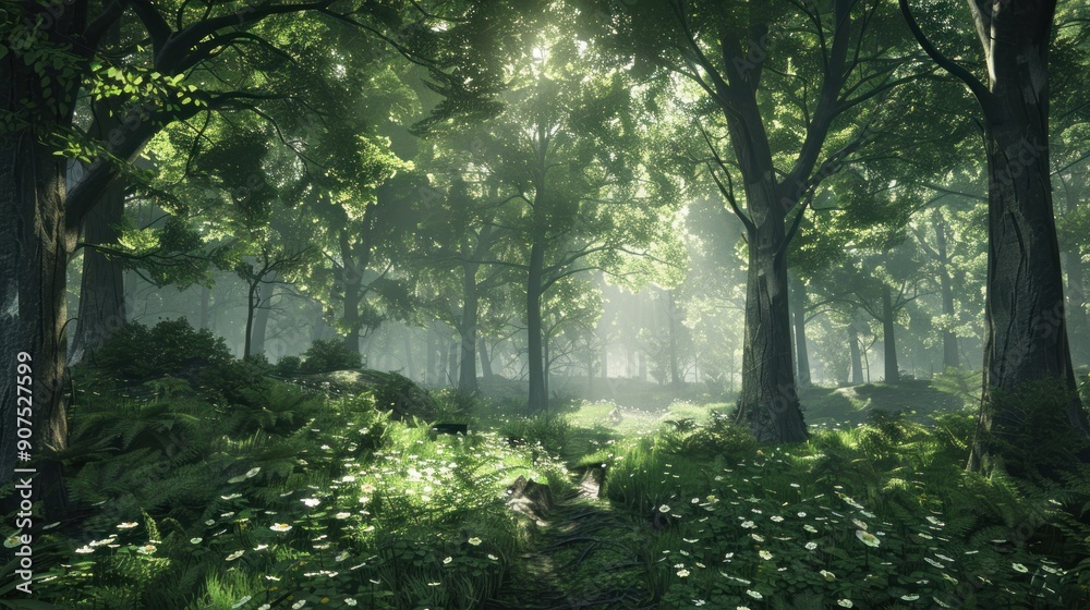 Fototapeta premium Sunbeams in a Misty Forest.