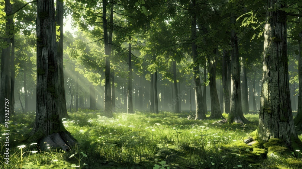 Naklejka premium Sunlight Through Trees in a Misty Forest.