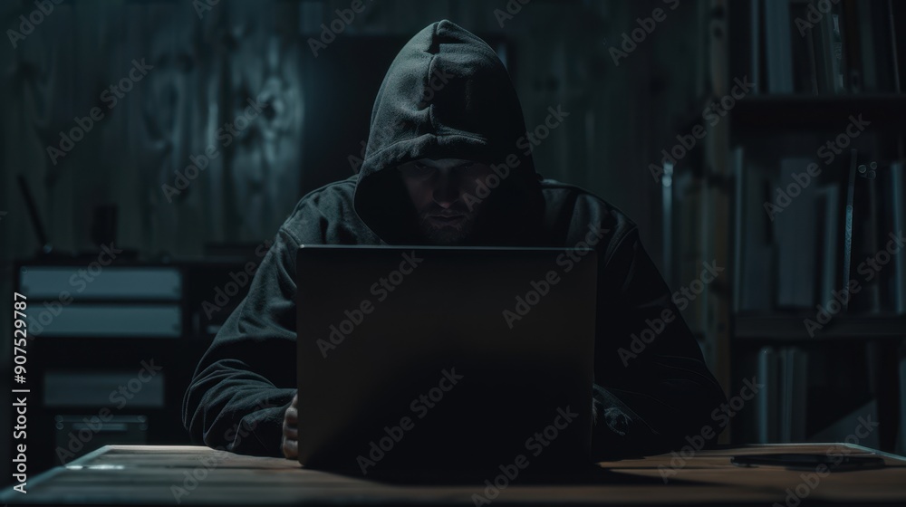 The hooded hacker at laptop The hooded hacker at laptop