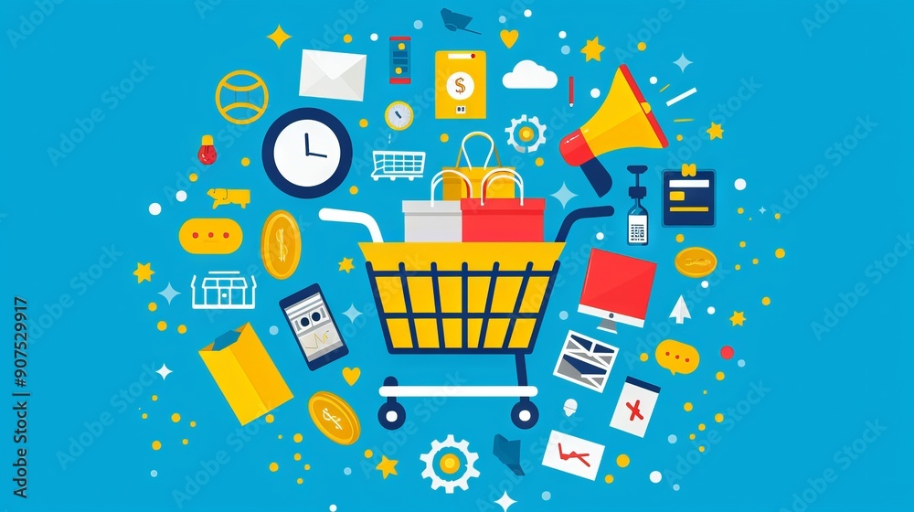 Comprehensive Digital Marketing and E-Commerce Online Sale Concept Featuring Promotion Strategies Through Search Engine Optimization (SEO), Pay-Per-Click (PPC) Advertising.