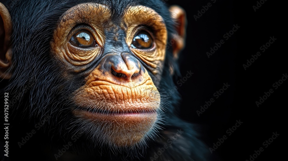 Close-up portrait of a young chimpanzee looking directly at the camera with a curious expression. Close-up portrait of a young chimpanzee looking directly at the camera with a curious expression.