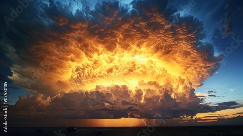 Fiery, apocalyptic sky with a massive cloud formation resembling a fiery explosion.