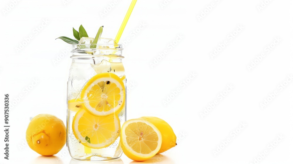 Fototapeta premium Glass of lemonade with lemons and straw isolated on white background.