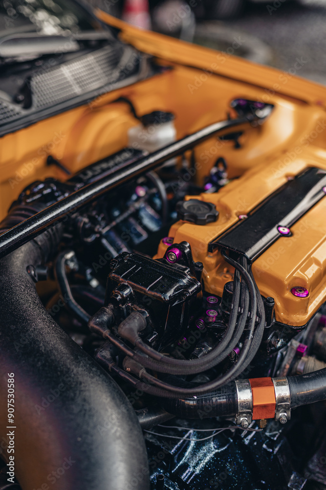 Obraz premium Internal combustion engine close up photo. Car tuning