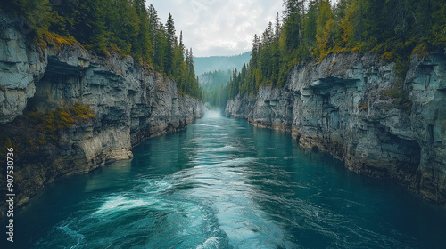 Photo of the Rifat River in British Columbia, Canada with green forests and cliffs. A wide river flows across with white rapids. photo