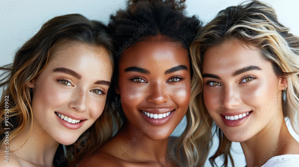 Three diverse beautiful women smiling, with different hair colors and skin tones, against a white background Three diverse beautiful women smiling, with different hair colors and skin tones, against a white background