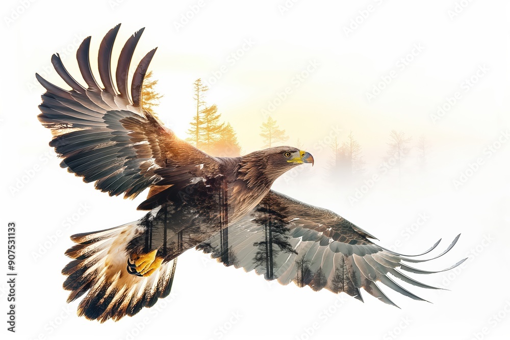 Fototapeta premium Majestic golden eagle soaring over misty forest at golden hour