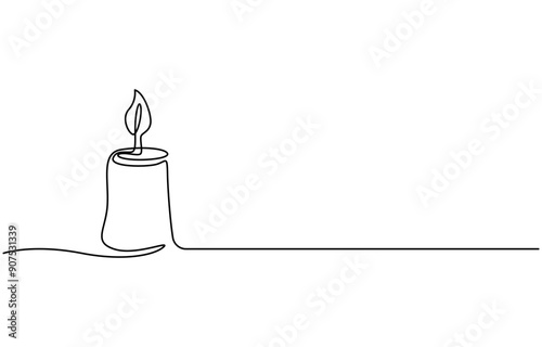 Continuous single one-line art drawing of candle and minimalist outline vector art drawing, Candlestick light flame vector drawing hand drawn