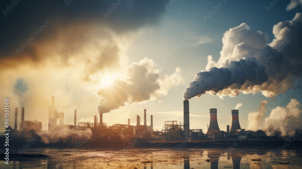 Industrial brown coal power plant chimney smokestack emission. Neural network ai generated art Industrial brown coal power plant chimney smokestack emission. Neural network ai generated art