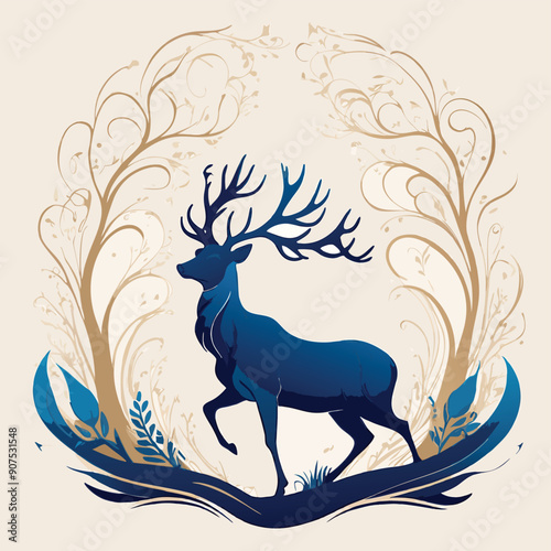 deer silhouette with flowing lines and a royal color palette Adobe Illustrator Artwork