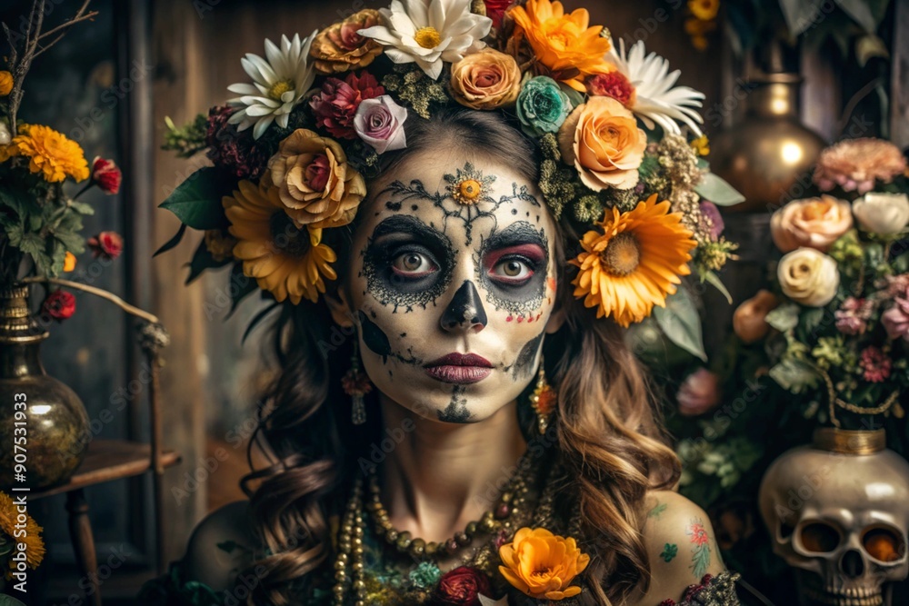 The concept of the Halloween holiday. Horror. A costume party. A beautiful woman with a painted skull on her face and flowers on her head. Banner, postcard. The concept of the Halloween holiday. Horror. A costume party. A beautiful woman with a painted skull on her face and flowers on her head. Banner, postcard.
