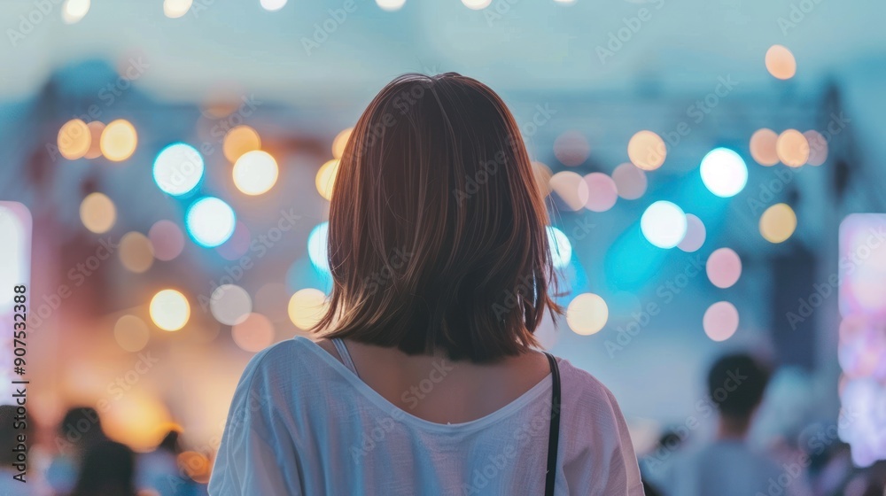 Woman in white shirt watching a concert with blurred lights in the background. Woman in white shirt watching a concert with blurred lights in the background.