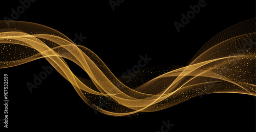 Abstract shiny Gold wave design element on dark background.