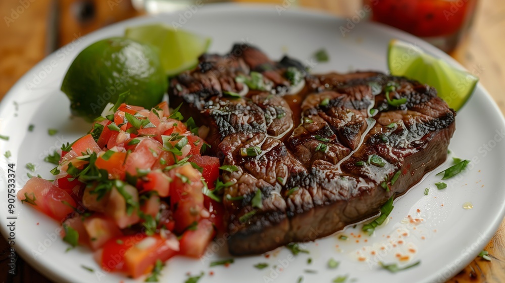 Grilled heart-shaped steak with pico de gallo and limeade on the side, white plate, wood table top, food photography Grilled heart-shaped steak with pico de gallo and limeade on the side, white plate, wood table top, food photography